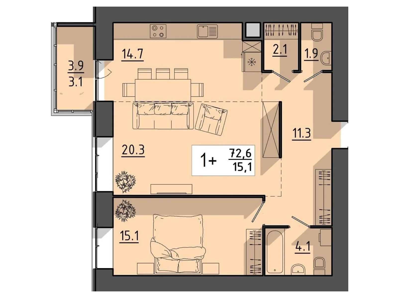 1-комнатная квартира 72.6 кв. м в Тернополе, пер. Тарнавского Мирона Генерала