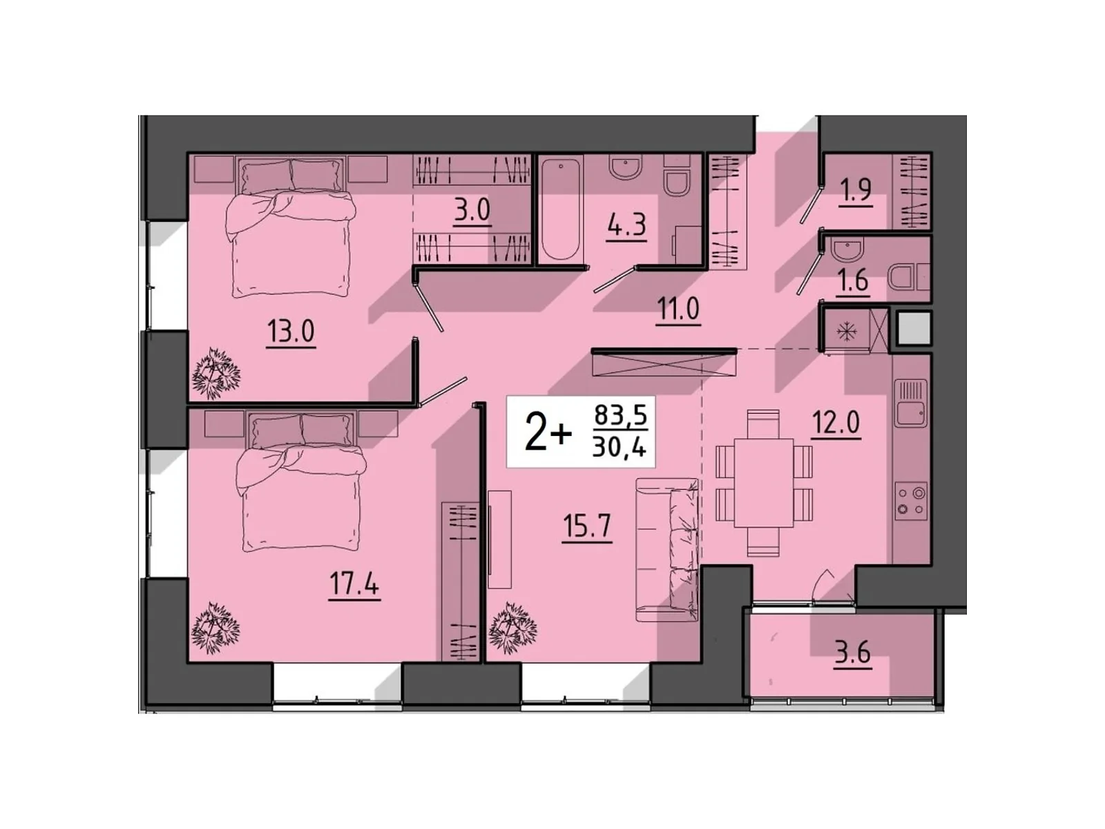 2-комнатная квартира 83.5 кв. м в Тернополе, пер. Тарнавского Мирона Генерала