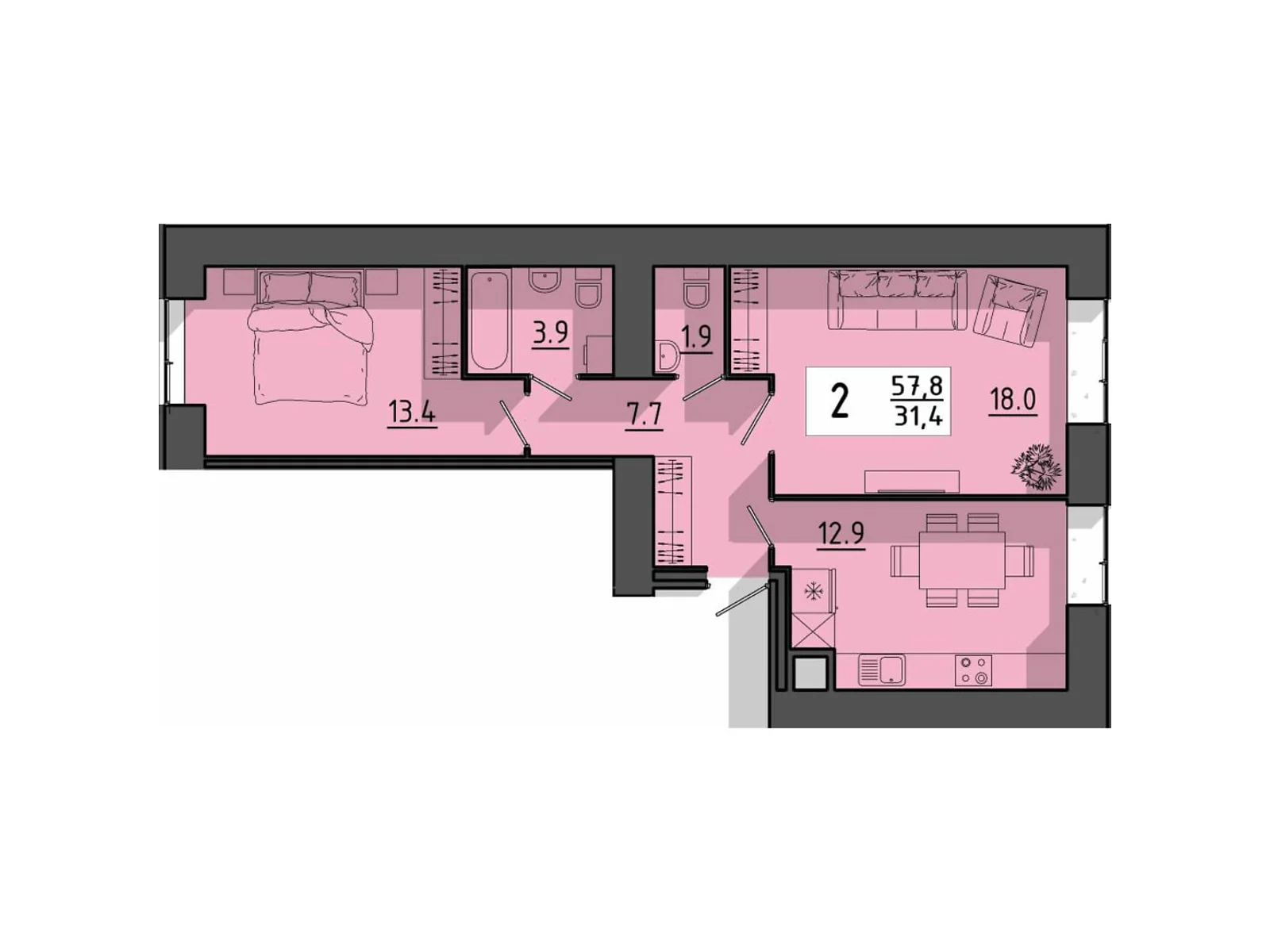 2-комнатная квартира 57.8 кв. м в Тернополе, цена: 37806 $