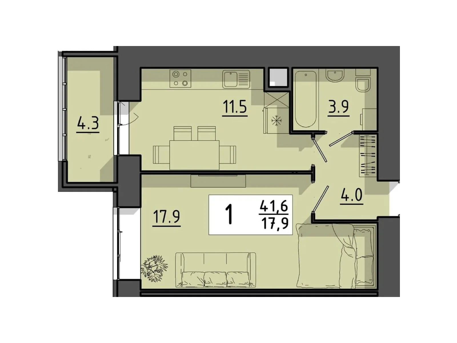 1-комнатная квартира 41.6 кв. м в Тернополе, пер. Тарнавского Мирона Генерала