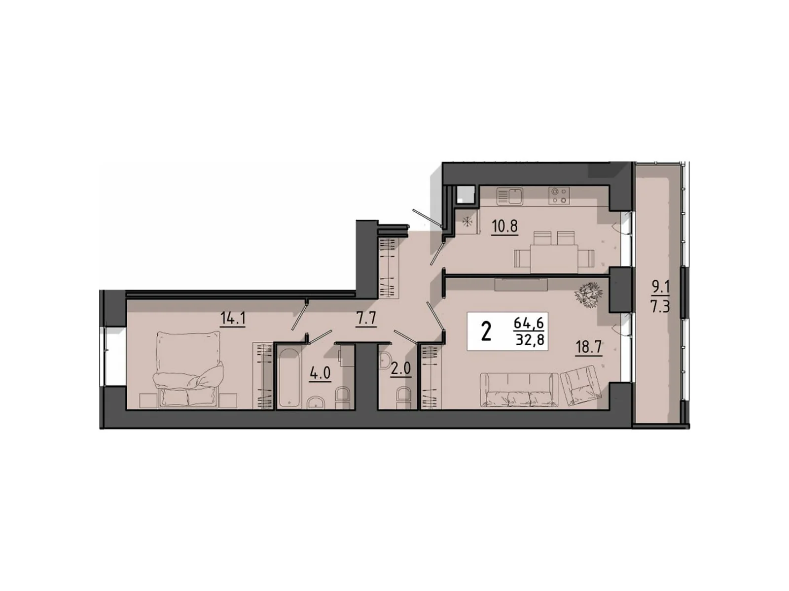 2-комнатная квартира 64.6 кв. м в Тернополе, пер. Тарнавского Мирона Генерала