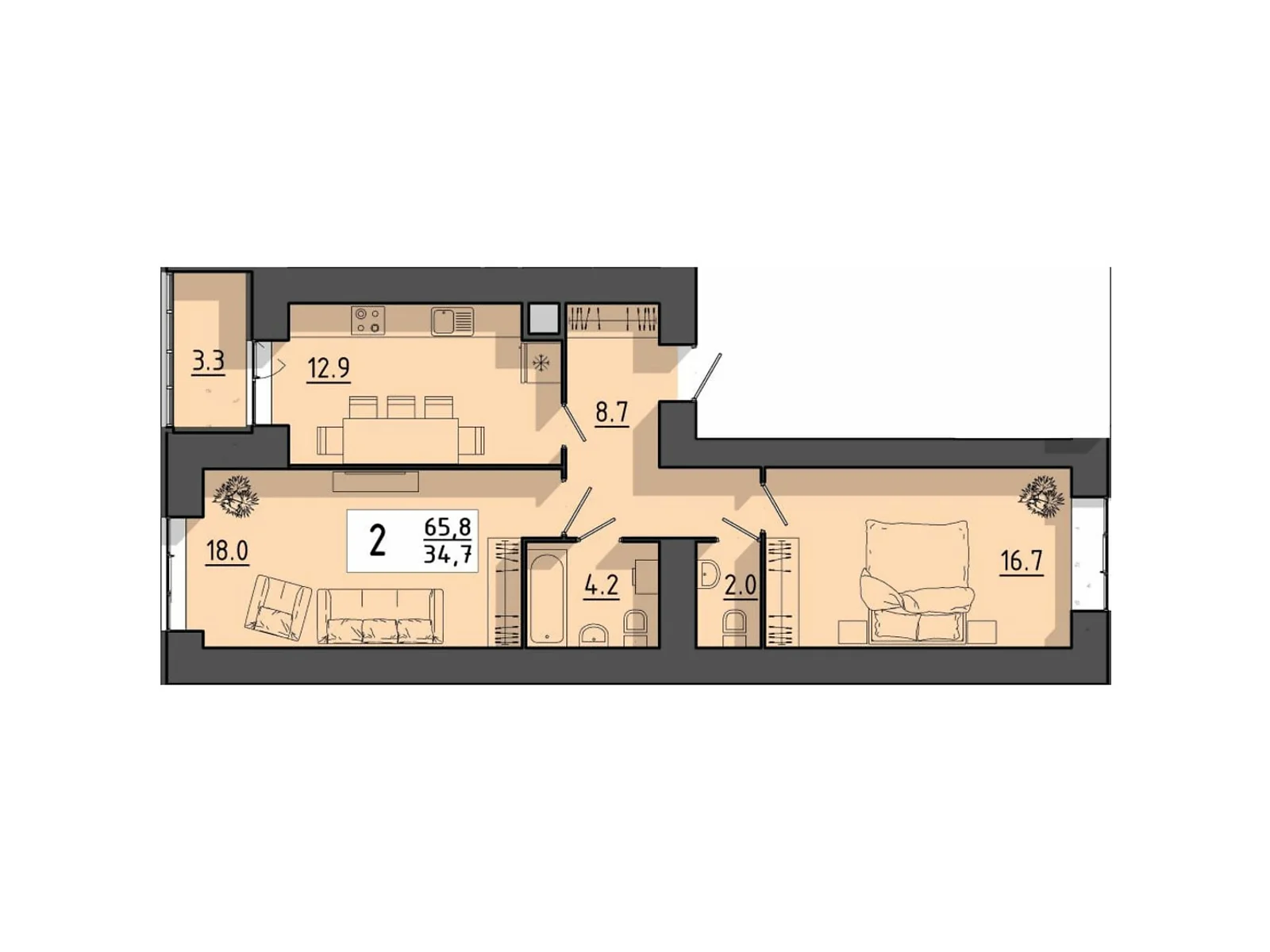 2-комнатная квартира 65.8 кв. м в Тернополе, цена: 42770 $