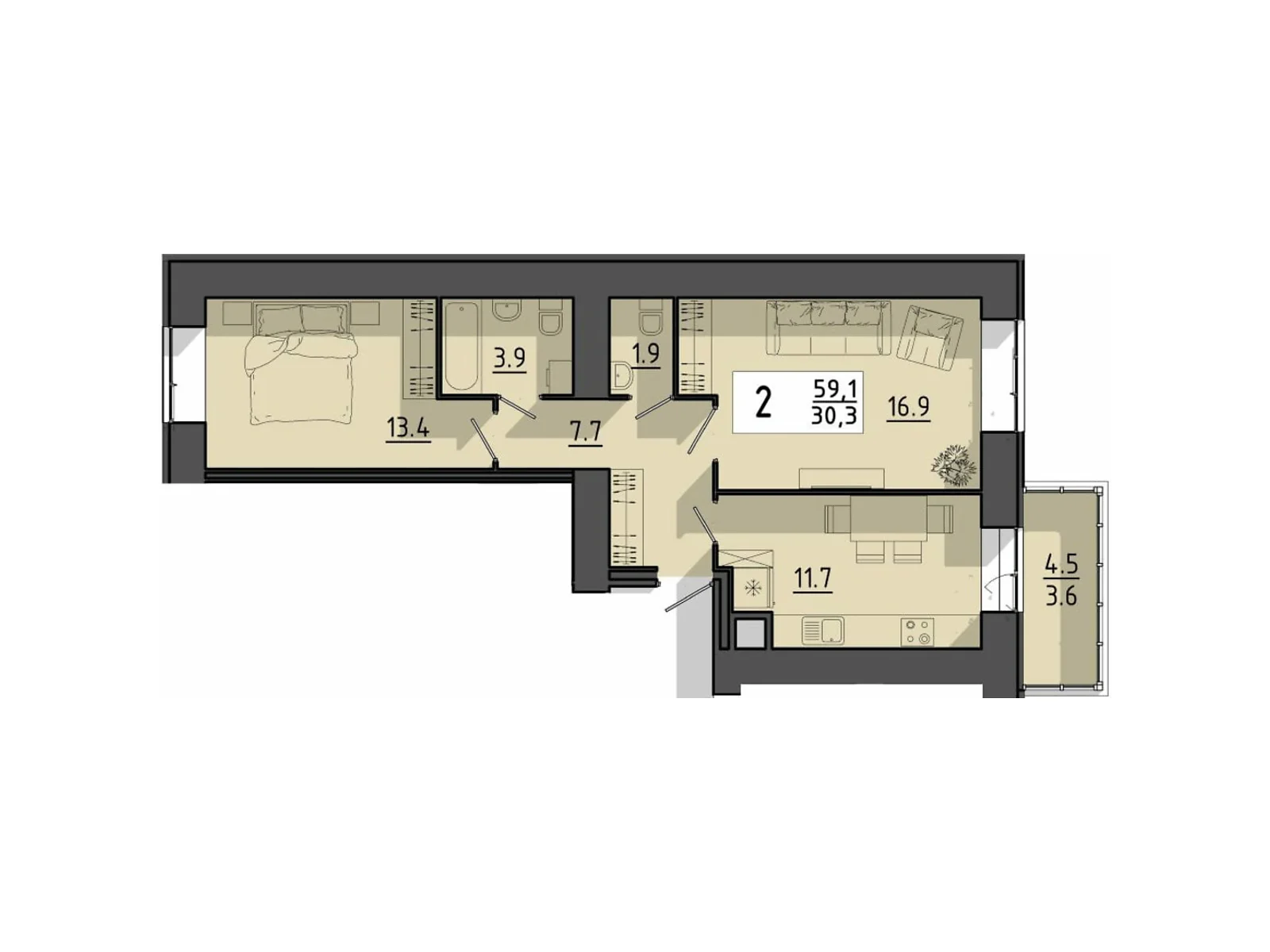 2-комнатная квартира 59.1 кв. м в Тернополе, цена: 39154 $