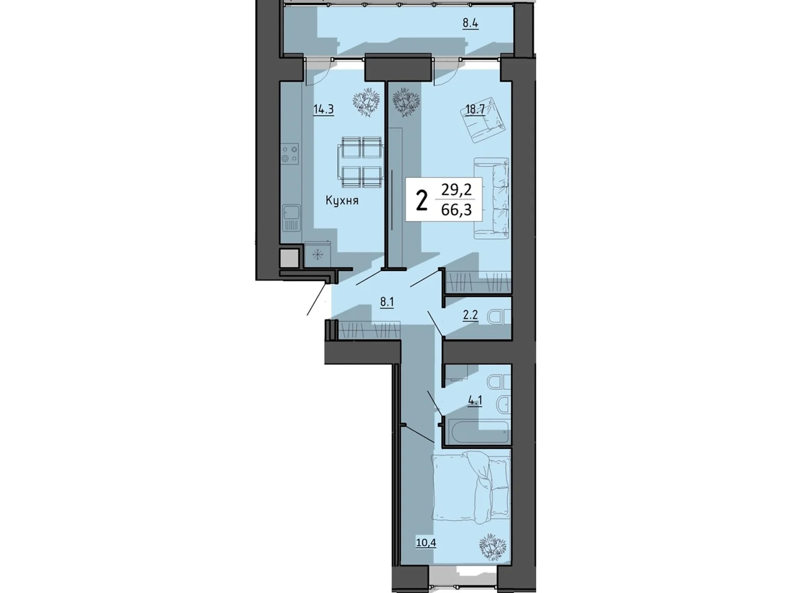 2-комнатная квартира 66.3 кв. м в Тернополе, ул. Генерала Мирона Тарнавского - фото 1