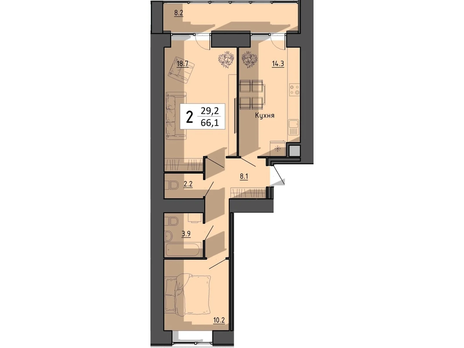 2-комнатная квартира 66.1 кв. м в Тернополе, цена: 44785 $