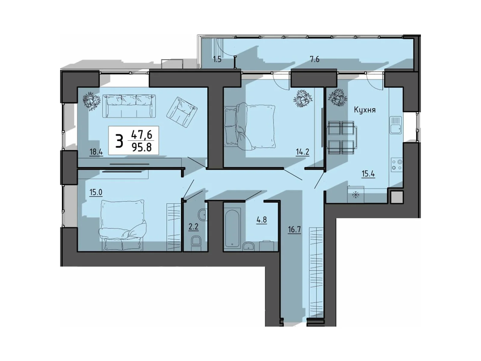 3-комнатная квартира 95.8 кв. м в Тернополе, цена: 62115 $