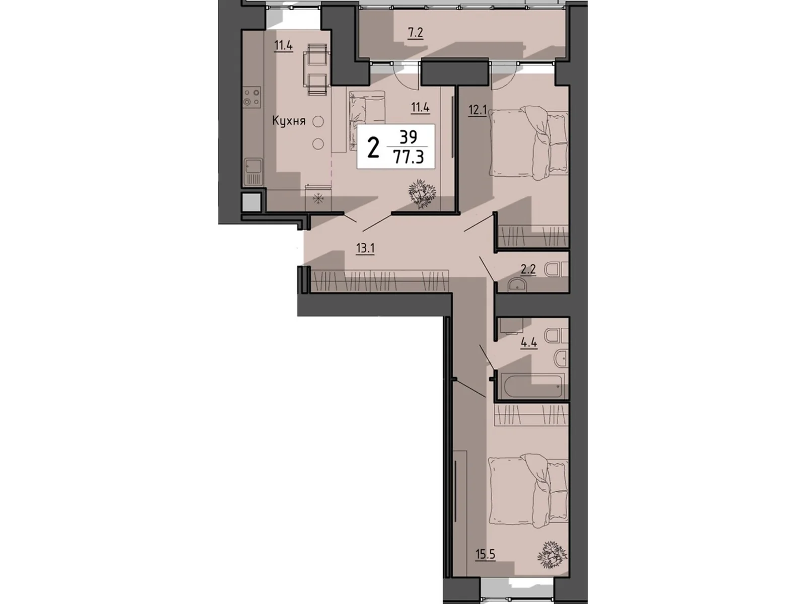 2-комнатная квартира 77.3 кв. м в Тернополе, цена: 52047 $