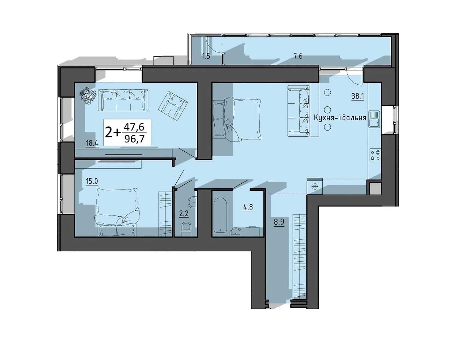 2-кімнатна квартира 96.7 кв. м у Тернополі, цена: 63092 $