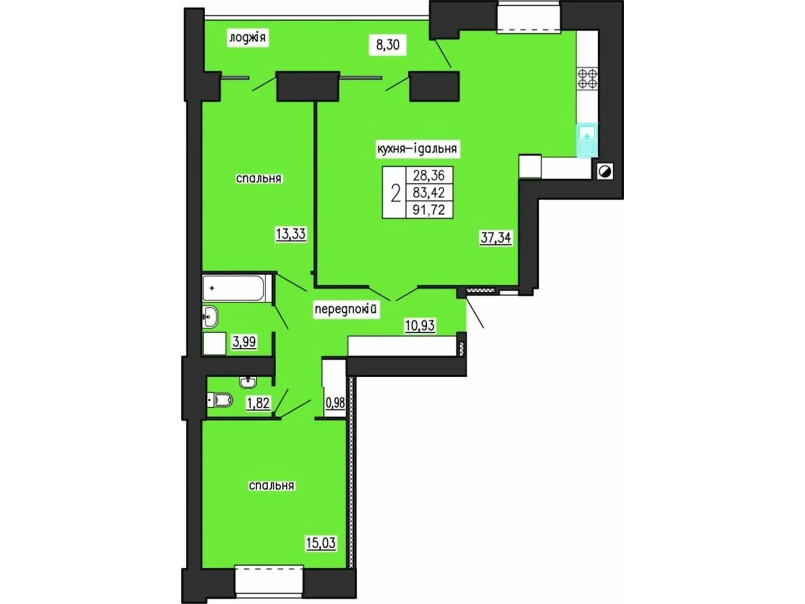 2-комнатная квартира 91.72 кв. м в Тернополе, ул. Троллейбусная, 7А - фото 1