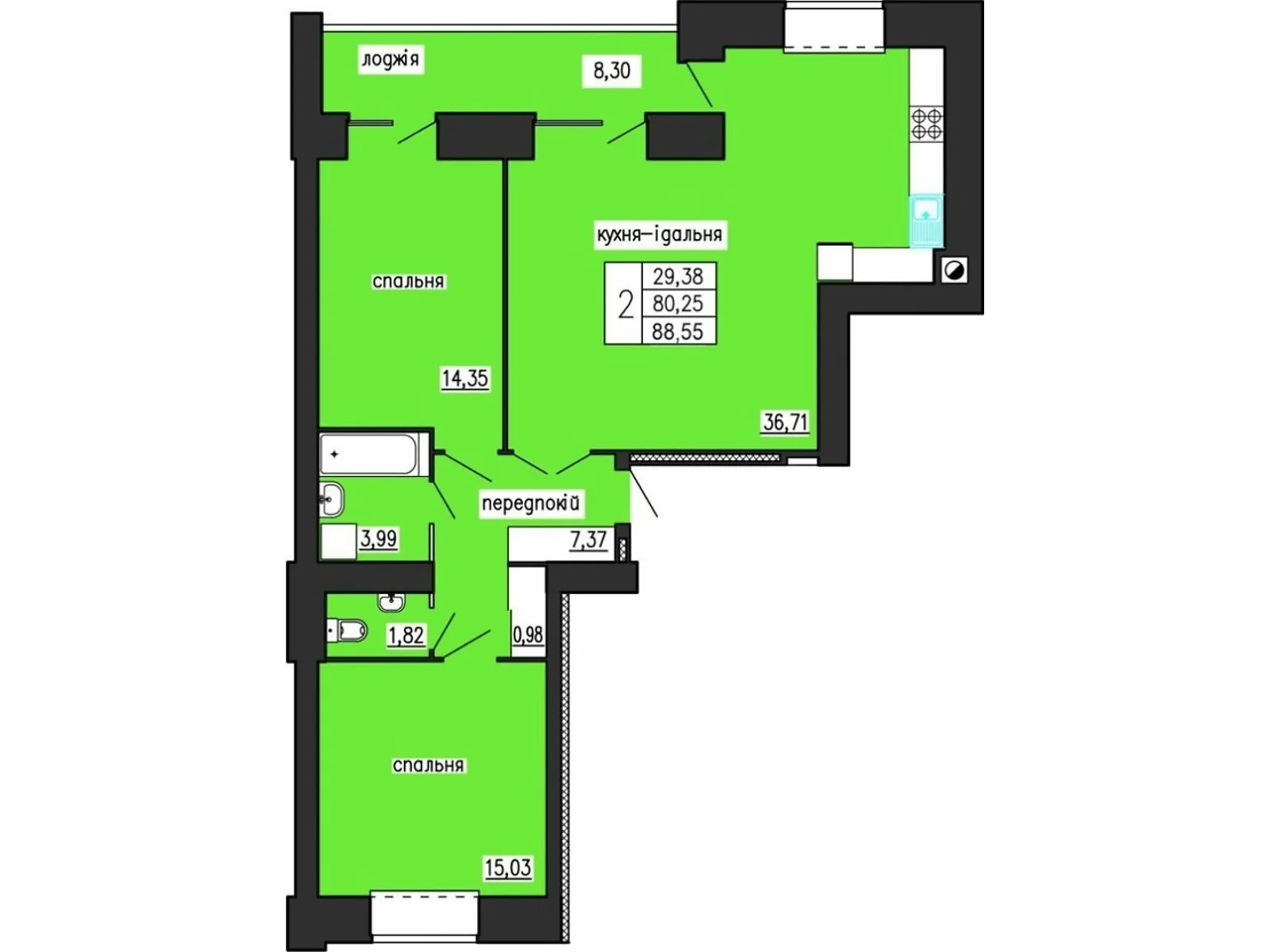 2-комнатная квартира 88.55 кв. м в Тернополе, ул. Троллейбусная, 7А - фото 1