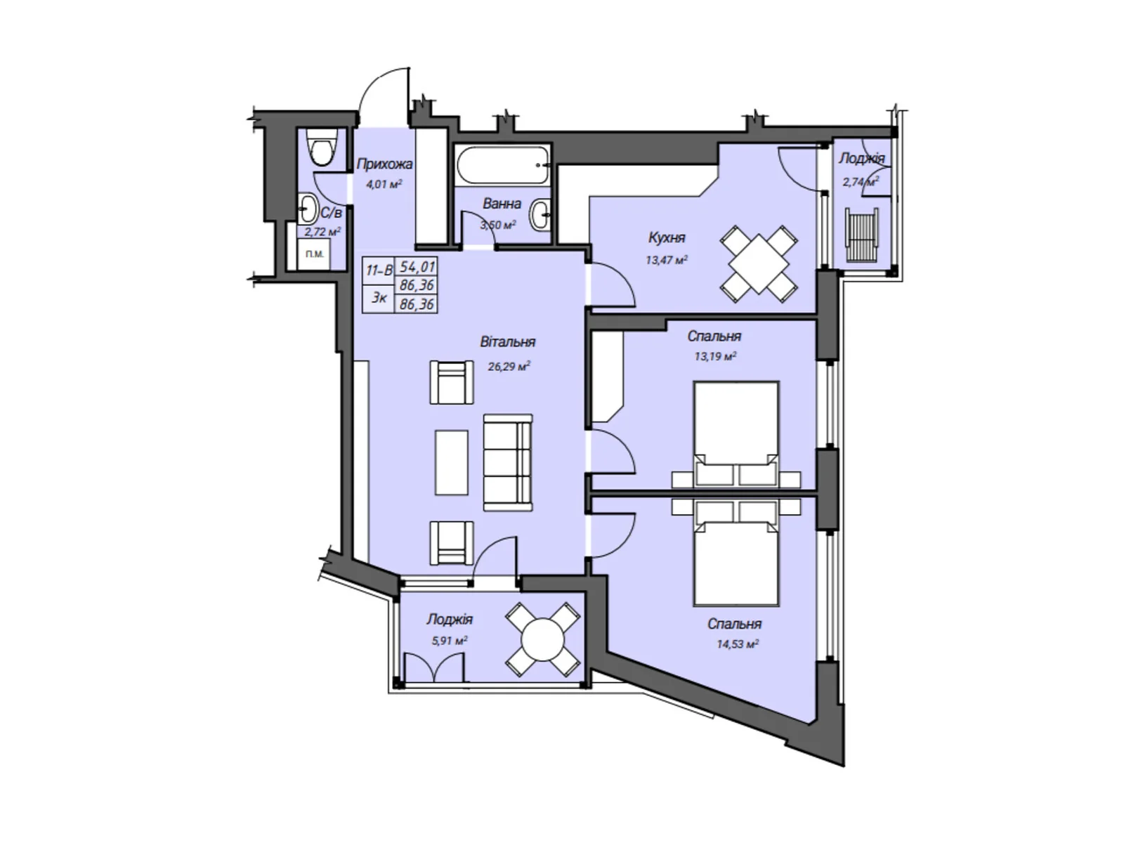 Продается 3-комнатная квартира 86.36 кв. м в Ровно - фото 1