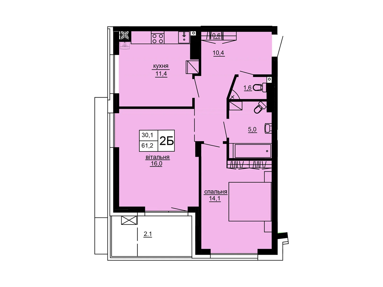 2-кімнатна квартира 61.2 кв. м у Тернополі, цена: 48255 $