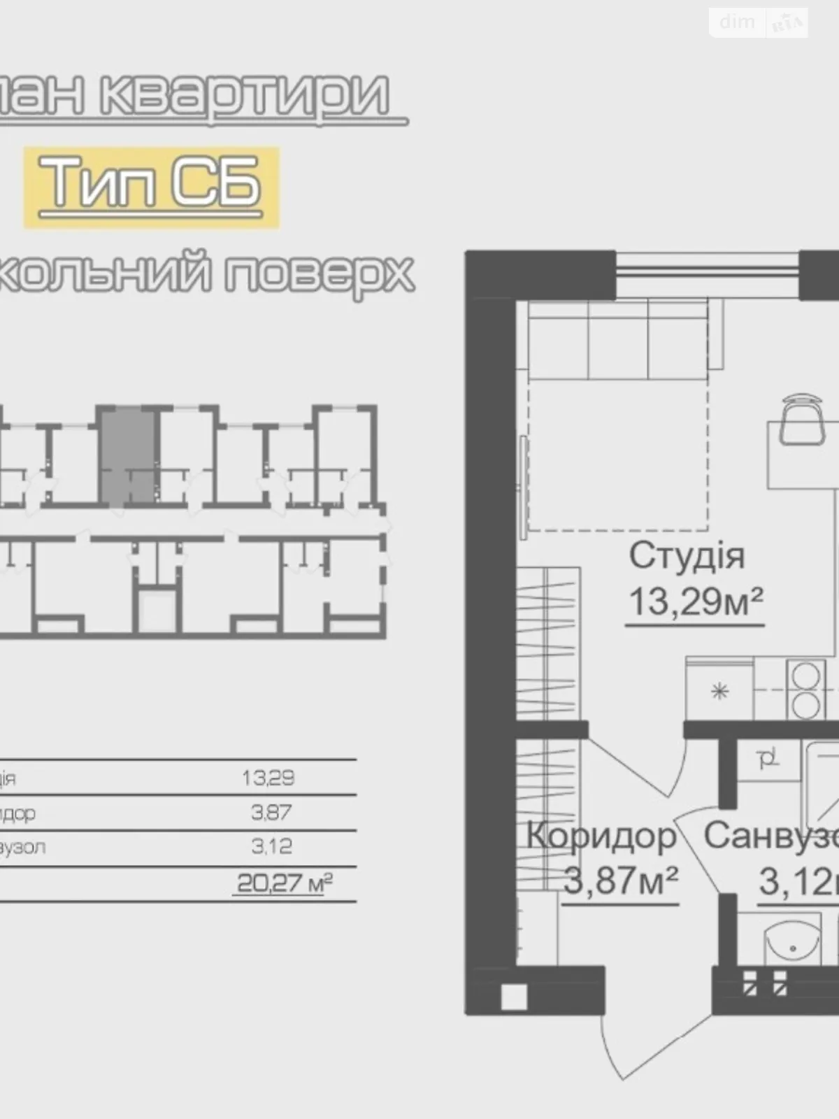 Продається 1-кімнатна квартира 20.3 кв. м у Гостомелі, вул. Українська, 6