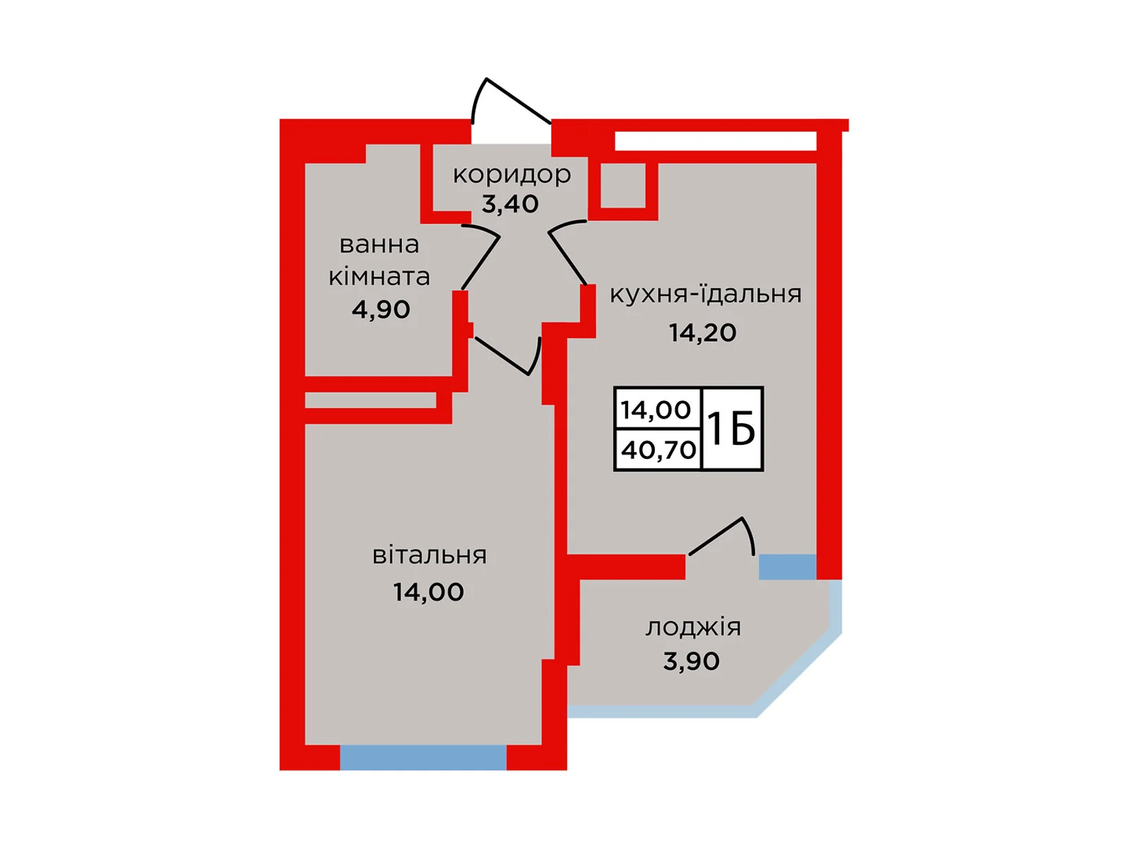 1-комнатная квартира 40.7 кв. м в Тернополе - фото 1