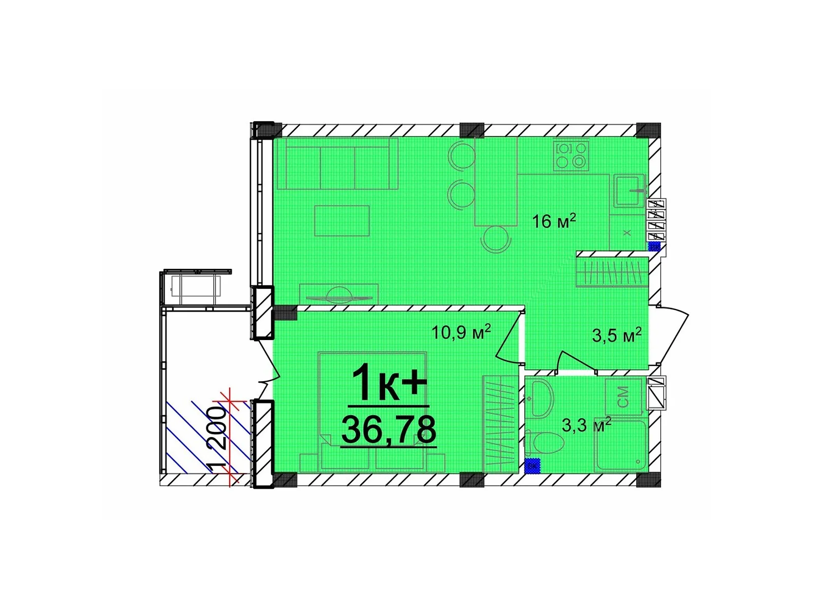 Продается 1-комнатная квартира 36.78 кв. м в Великодолинском - фото 1