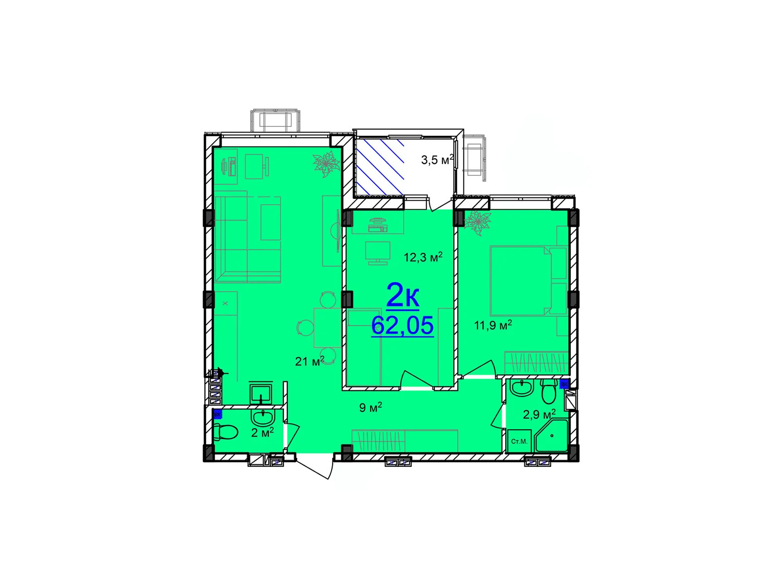 Продается 2-комнатная квартира 62.05 кв. м в Великодолинском, цена: 34128 $ - фото 1