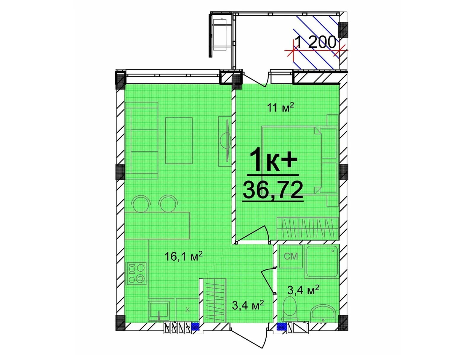 Продается 1-комнатная квартира 36.72 кв. м в Великодолинском, цена: 21298 $