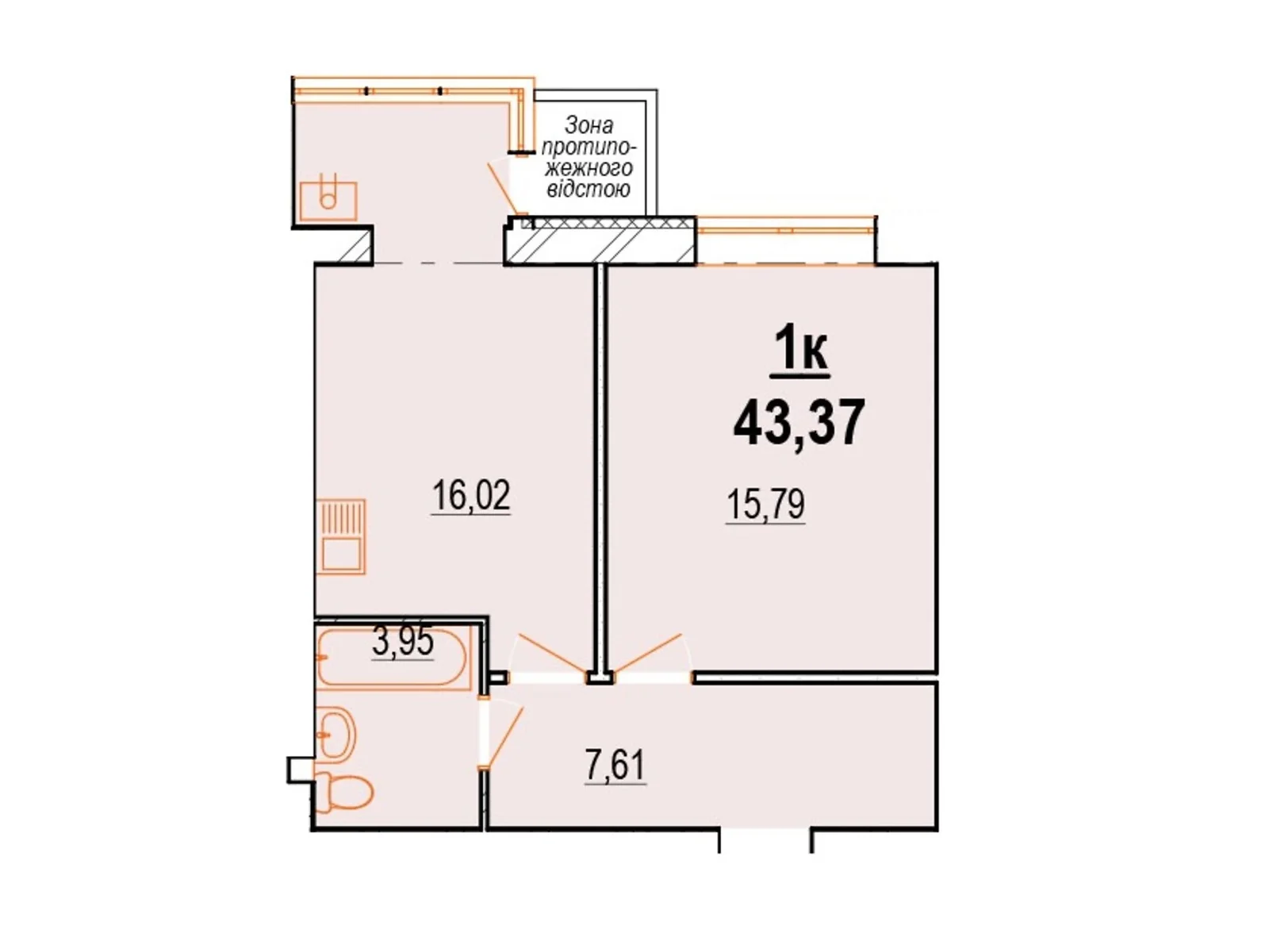 Продается 1-комнатная квартира 43.37 кв. м в Виннице, вул. Костя Широцкого