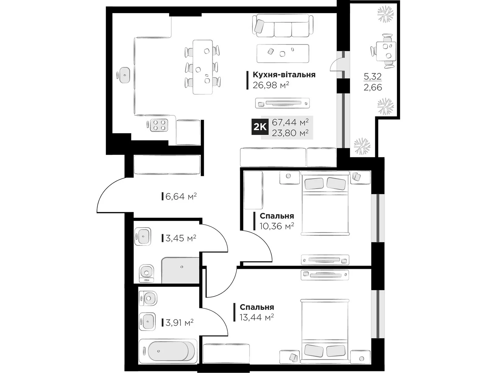 Продается 2-комнатная квартира 67.44 кв. м в Винниках - фото 1