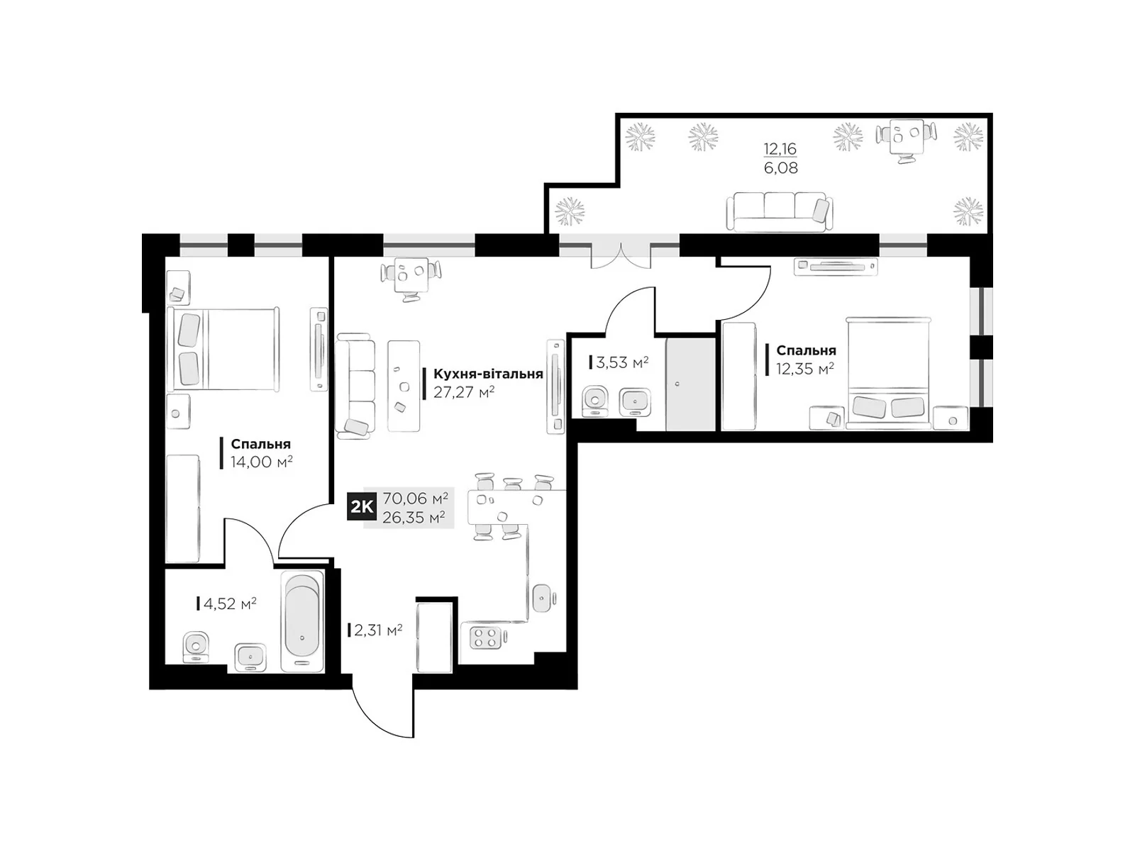 Продается 2-комнатная квартира 70.06 кв. м в Винниках, ул. Галицкая