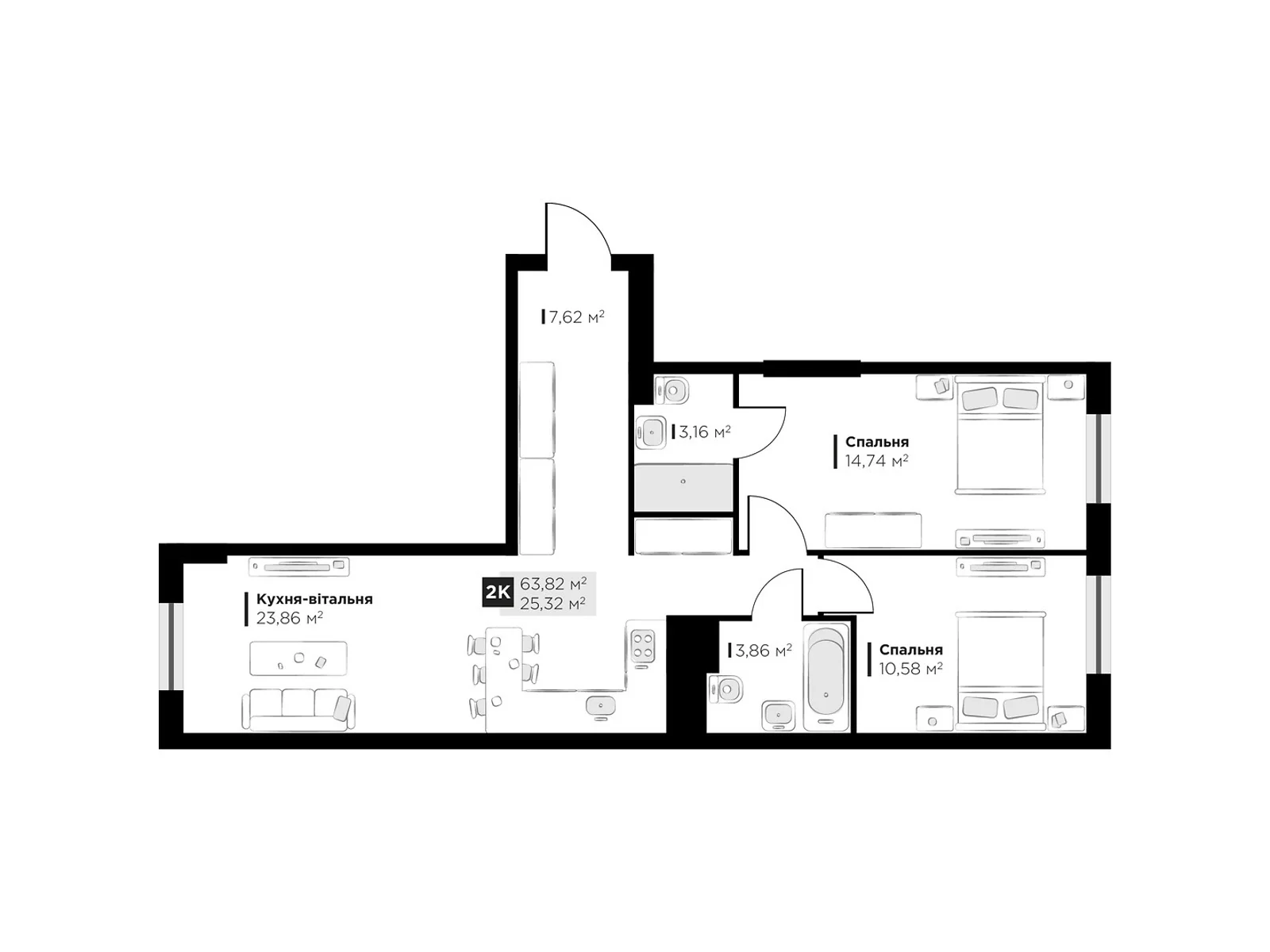 Продается 2-комнатная квартира 63.82 кв. м в Винниках, ул. Галицкая