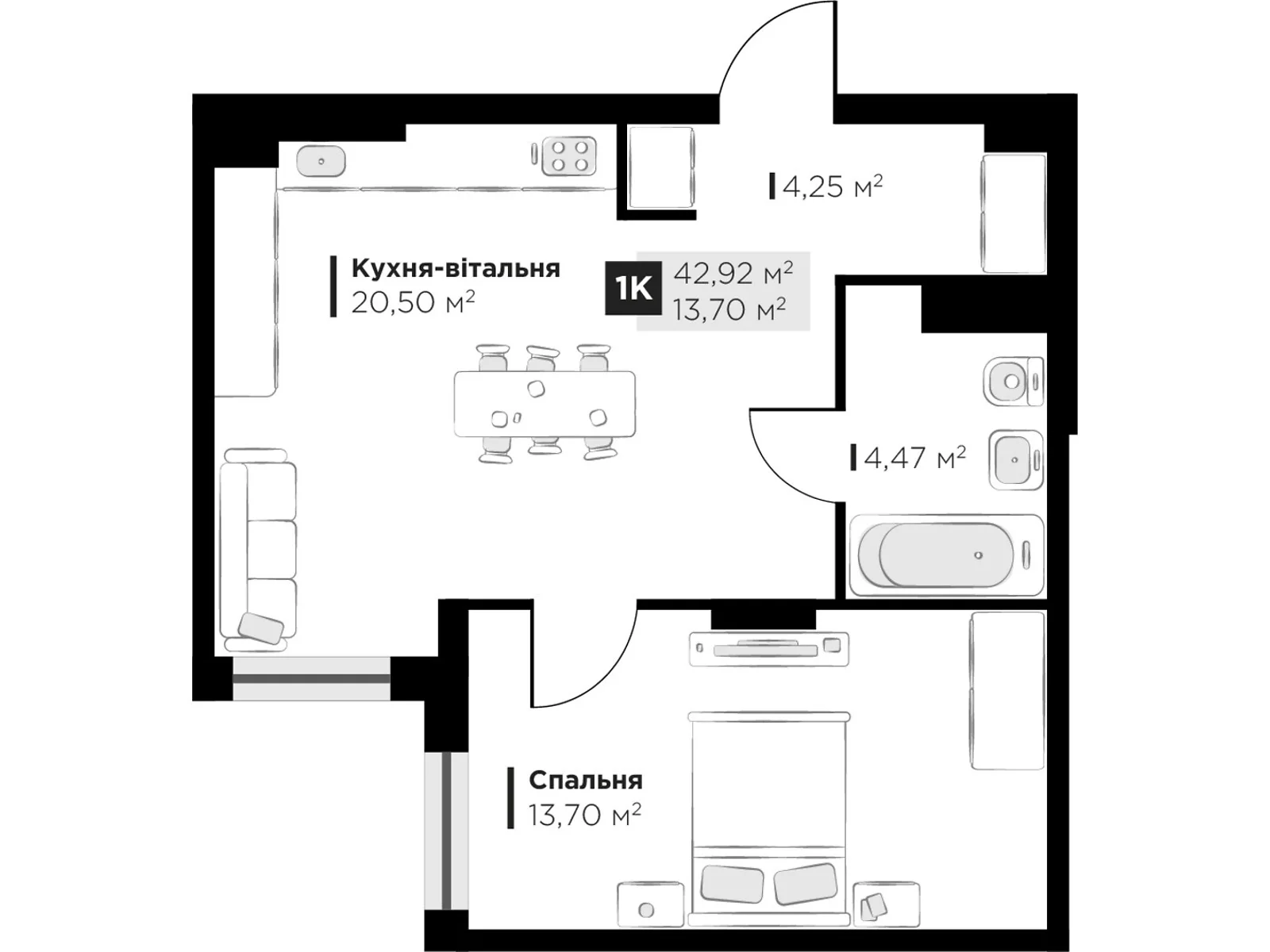 Продается 1-комнатная квартира 42.92 кв. м в Винниках, ул. Галицкая