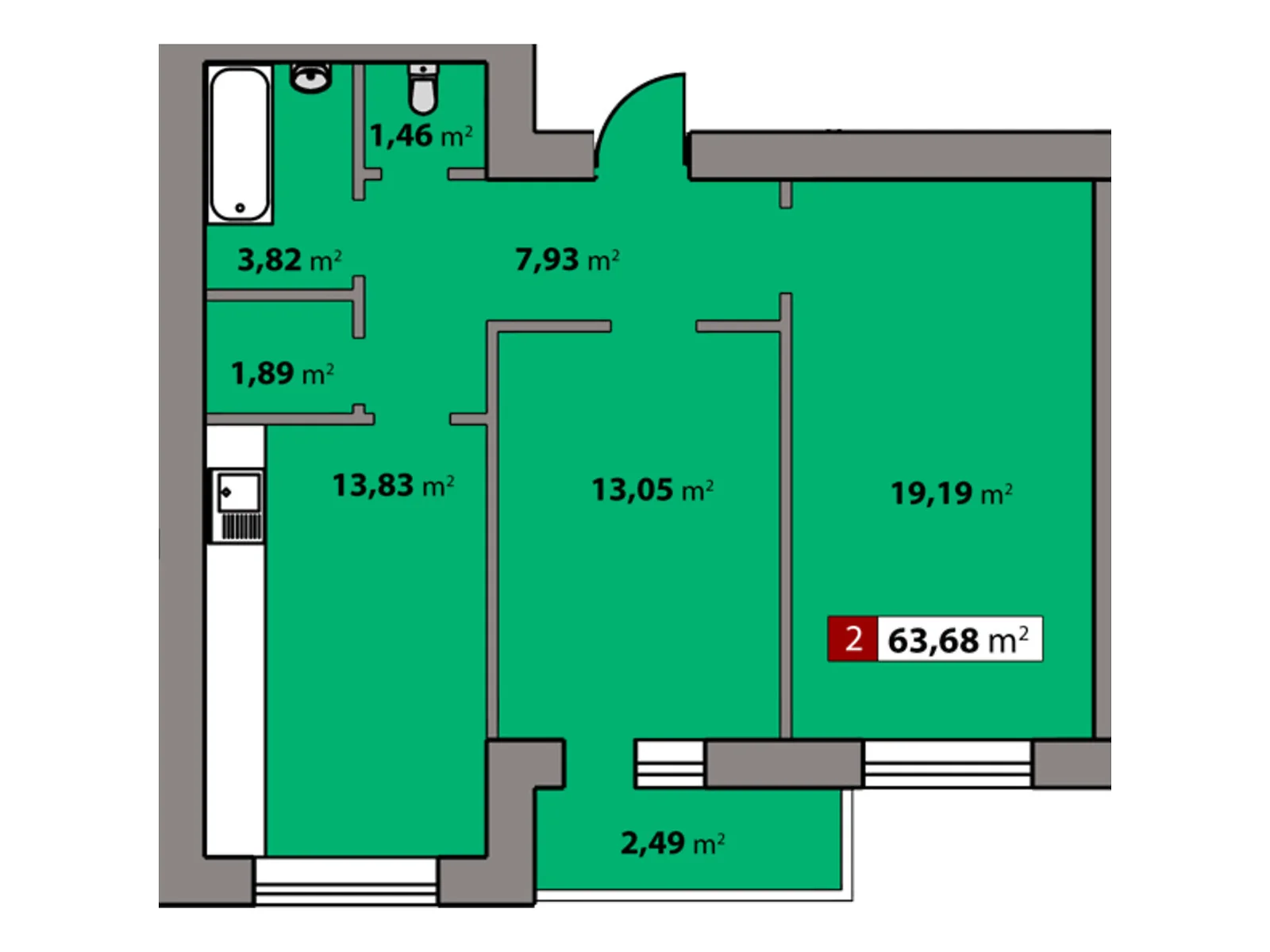 Продається 2-кімнатна квартира 63.68 кв. м у Черкасах, цена: 43274 $