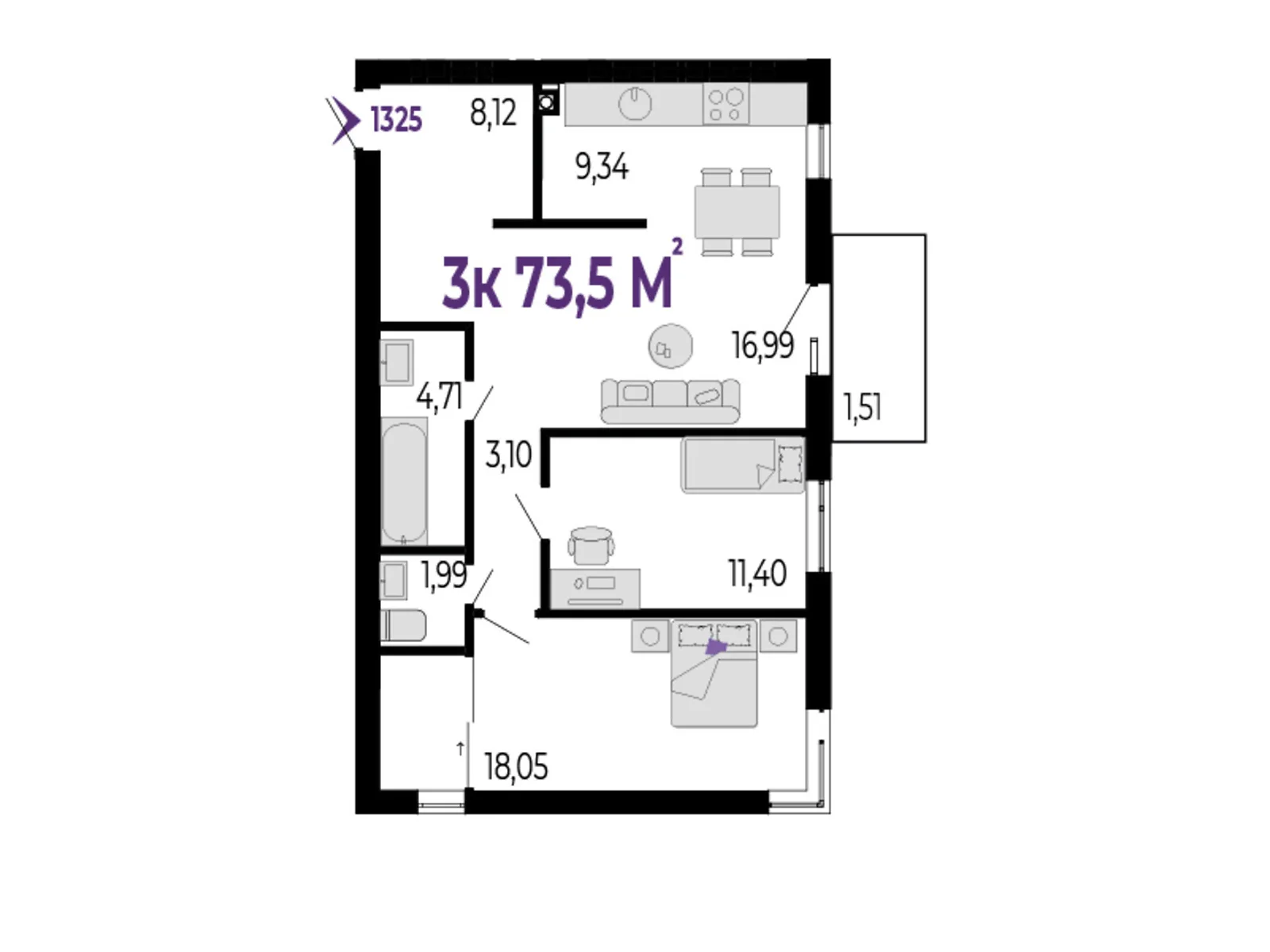 Продается 3-комнатная квартира 73.5 кв. м в Криховцы, цена: 61740 $ - фото 1