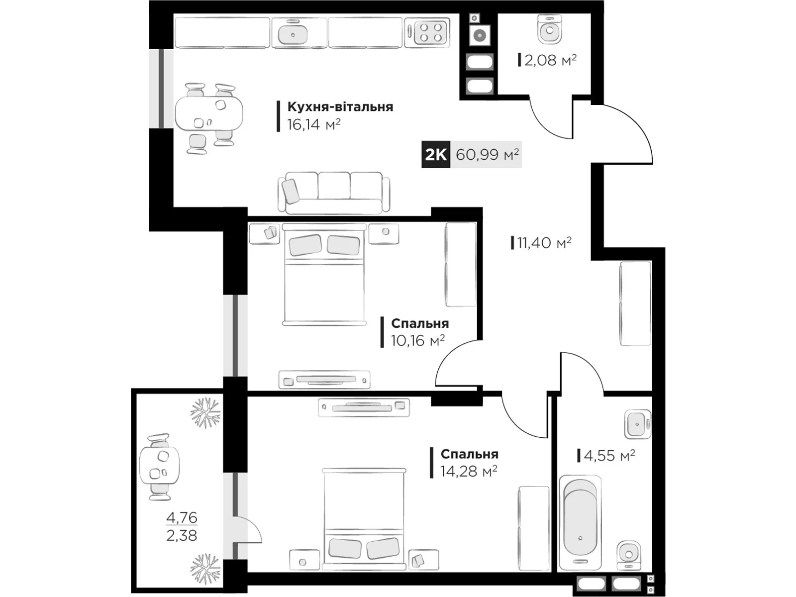 Продается 2-комнатная квартира 60.99 кв. м в Львове, ул. Орлика - фото 1