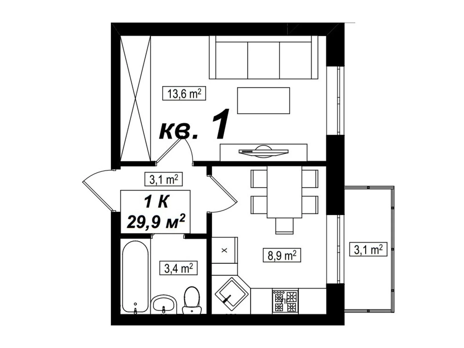 Продается 1-комнатная квартира 29.9 кв. м в Белогородке, ул. Счастливая