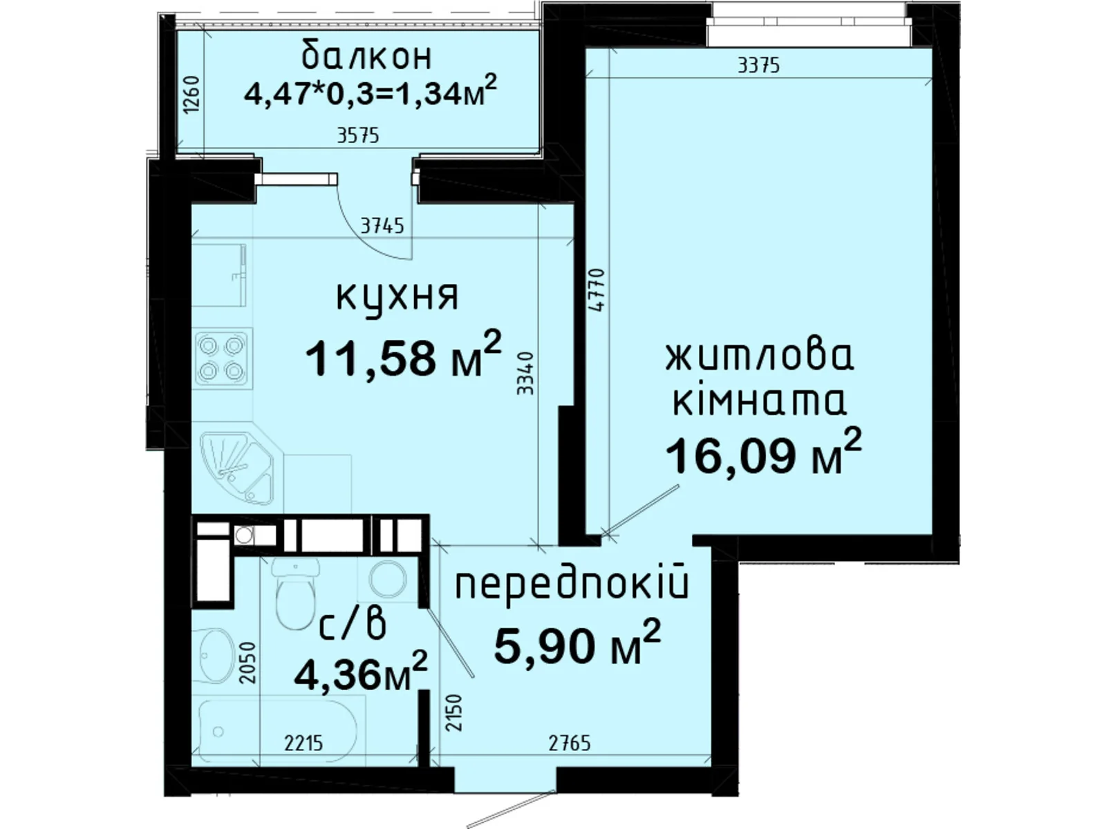 Продается 1-комнатная квартира 39.27 кв. м в Киеве, просп. Академика Глушкова, 42