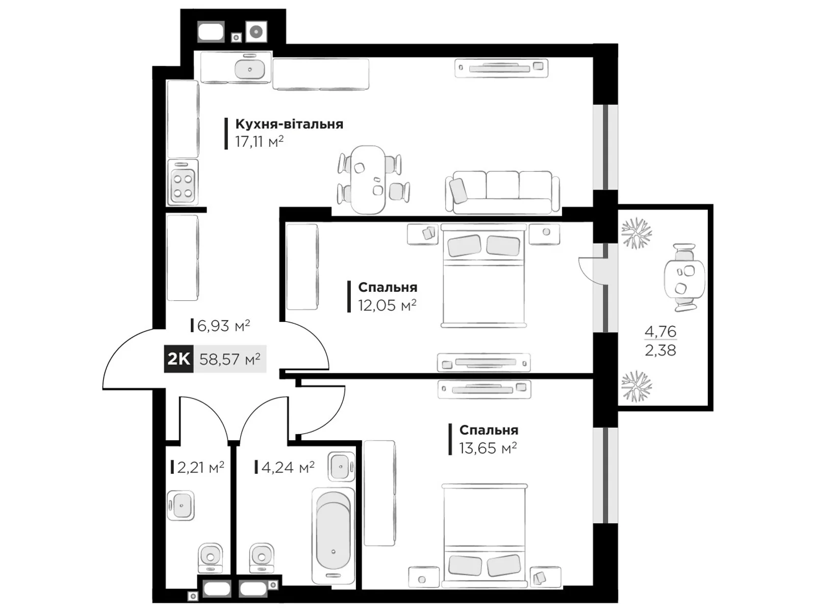 Продается 2-комнатная квартира 58.57 кв. м в Львове, цена: 81078 $