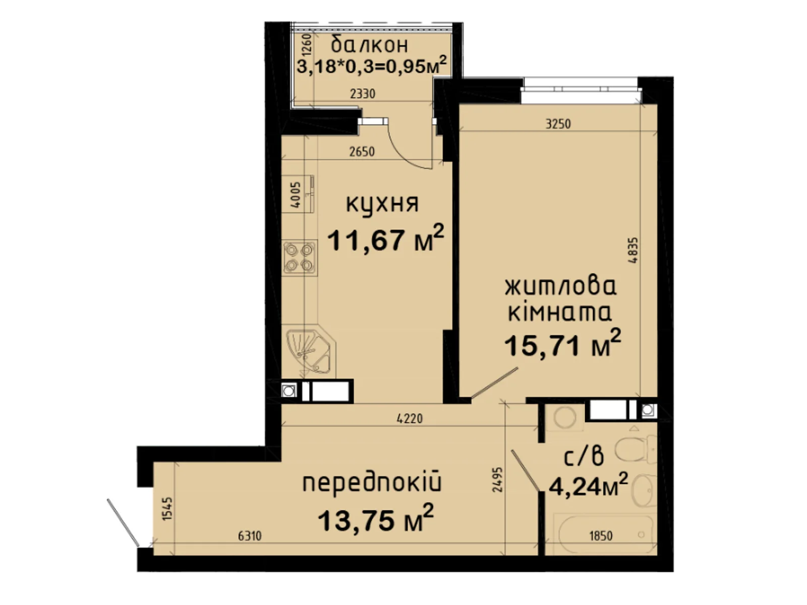 Продается 1-комнатная квартира 46.32 кв. м в Киеве, просп. Академика Глушкова, 42