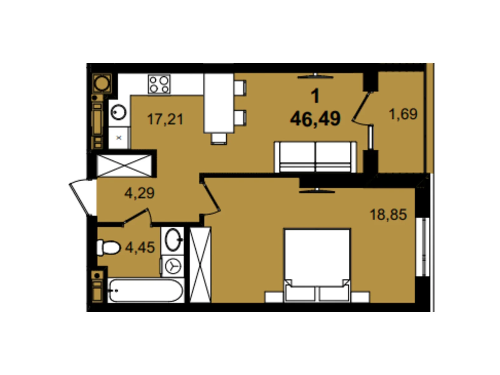 Продается 1-комнатная квартира 46.49 кв. м в Львове, цена: 72060 $