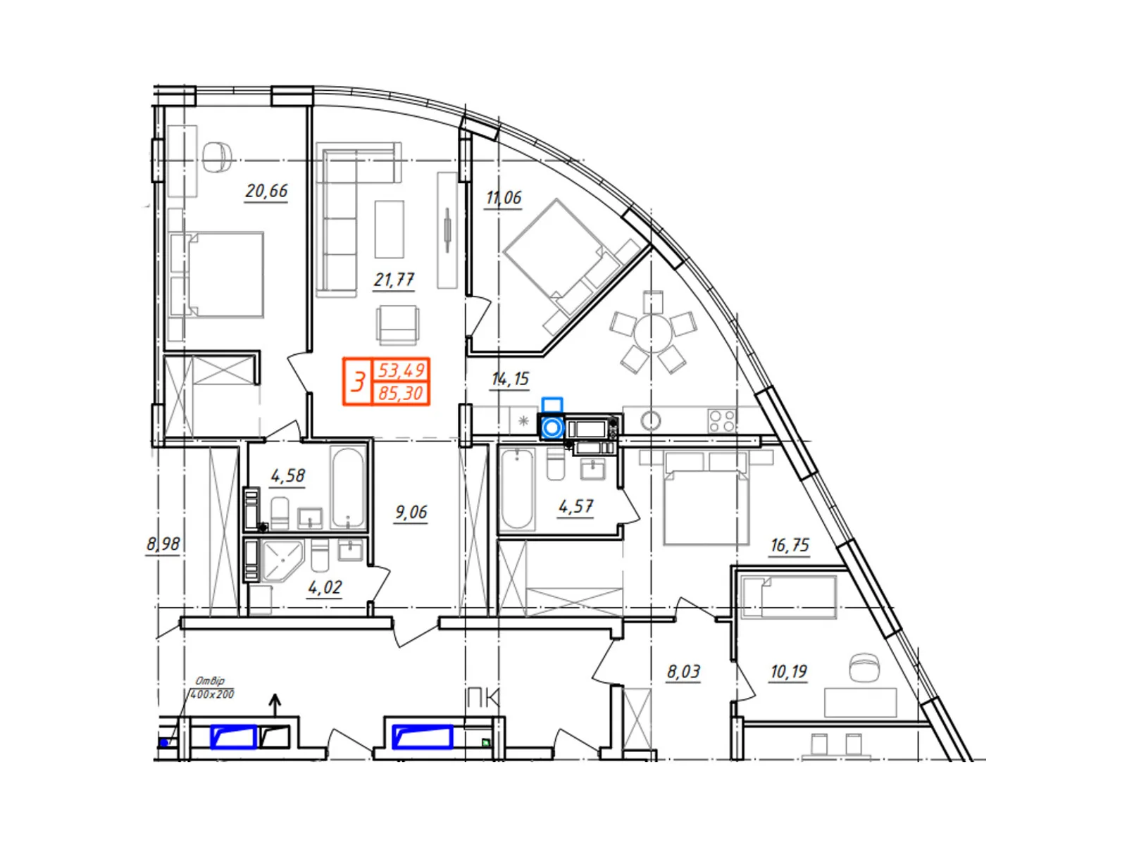 Продается 3-комнатная квартира 85.3 кв. м в Киеве, ул. Олимпия Галика, 75