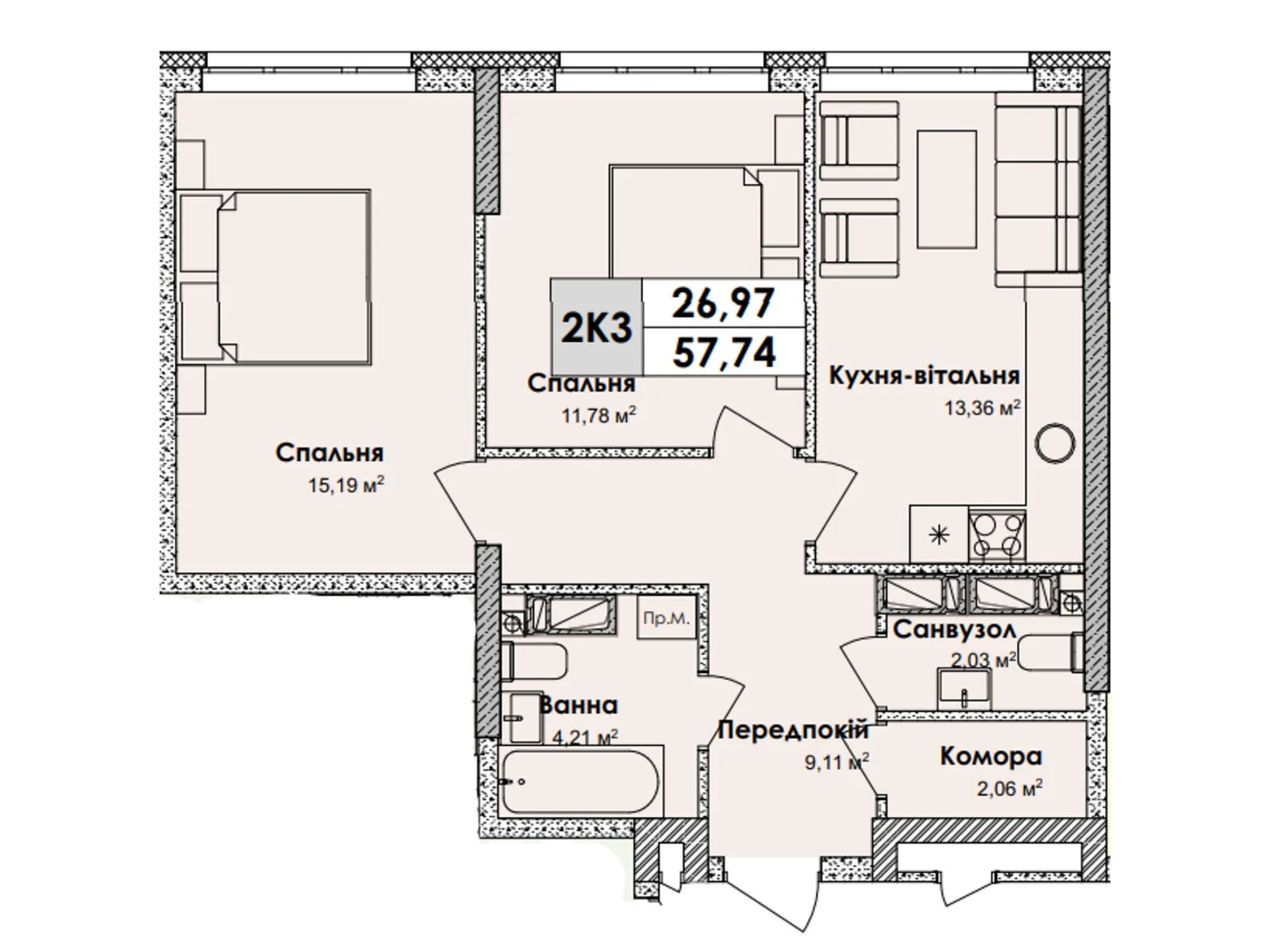 Продается 2-комнатная квартира 57.74 кв. м в Киеве, цена: 50649 $