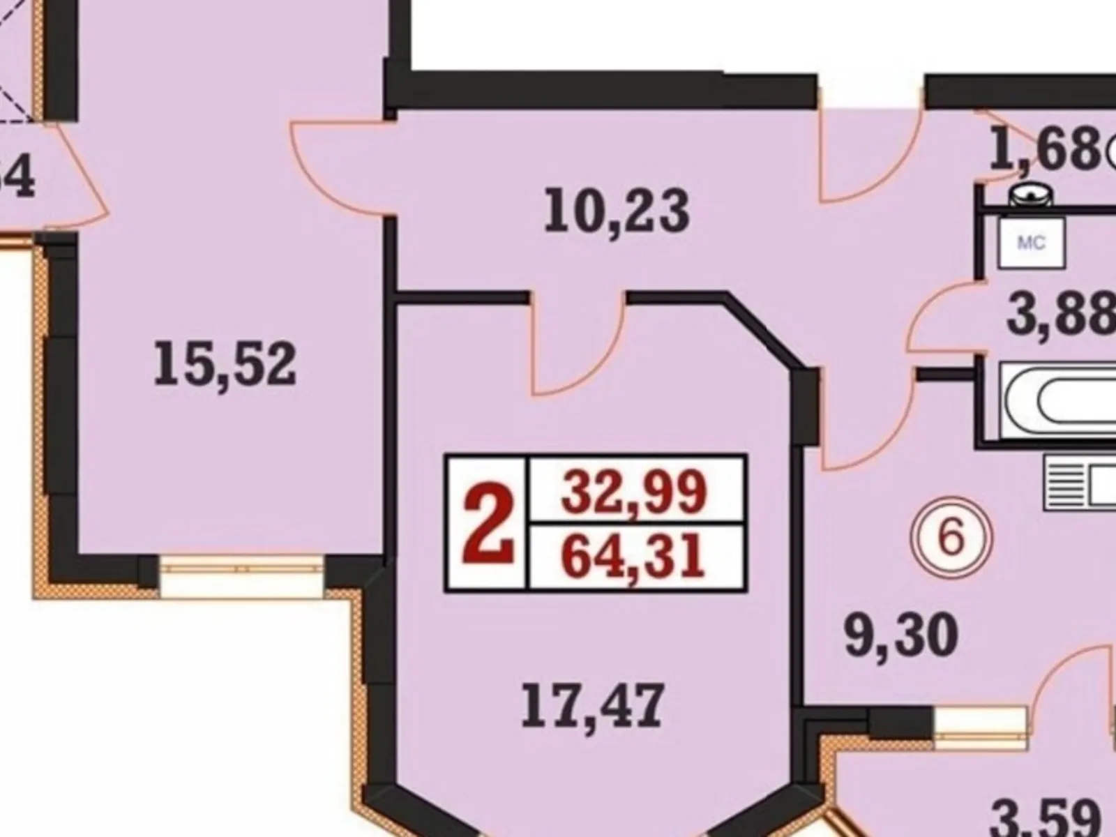 Продається 2-кімнатна квартира 64.31 кв. м у Хмельницькому, вул. Панаса Мирного