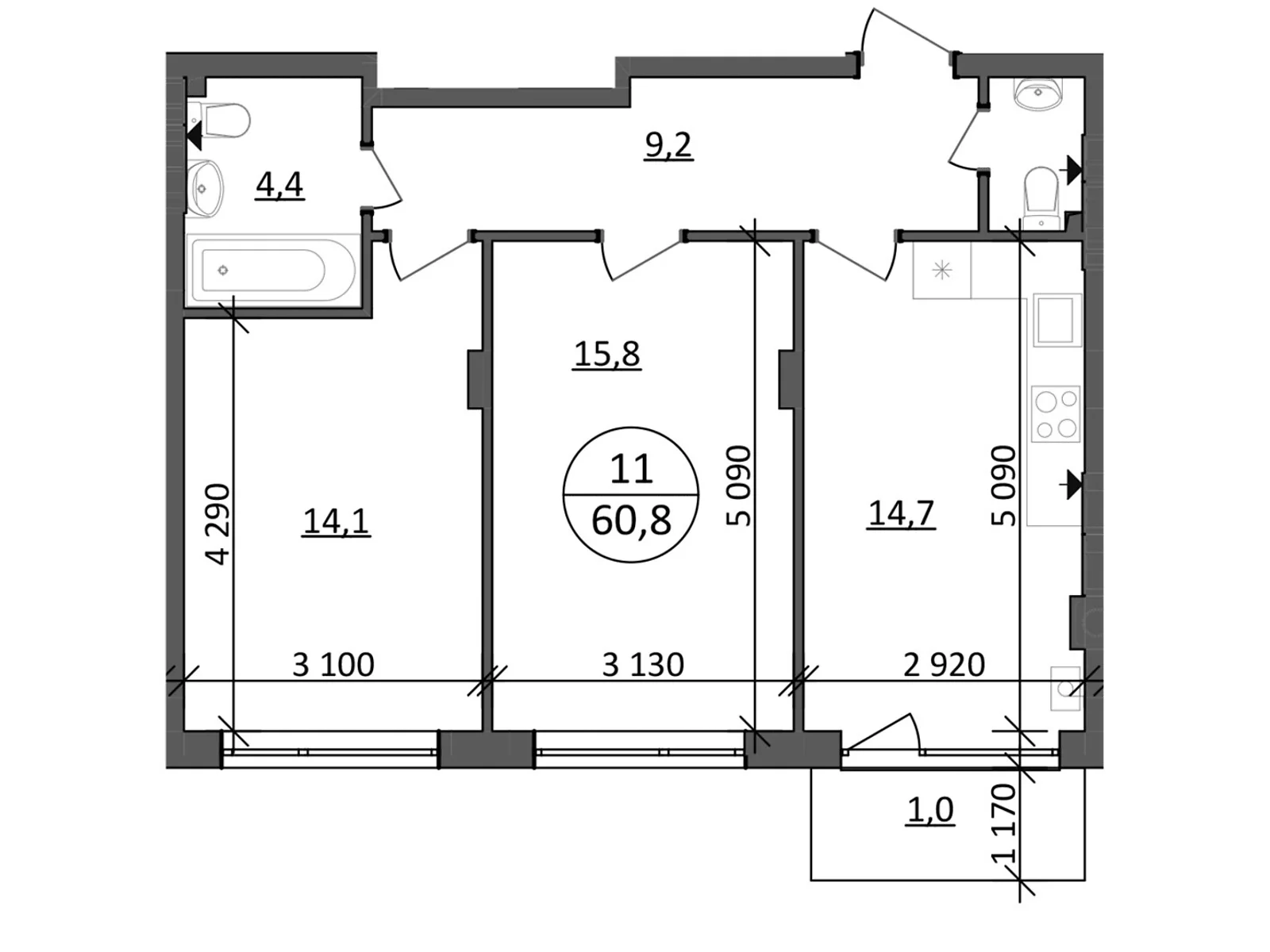 Продается 2-комнатная квартира 60.8 кв. м в Брюховичах, ул. Львовская, 92