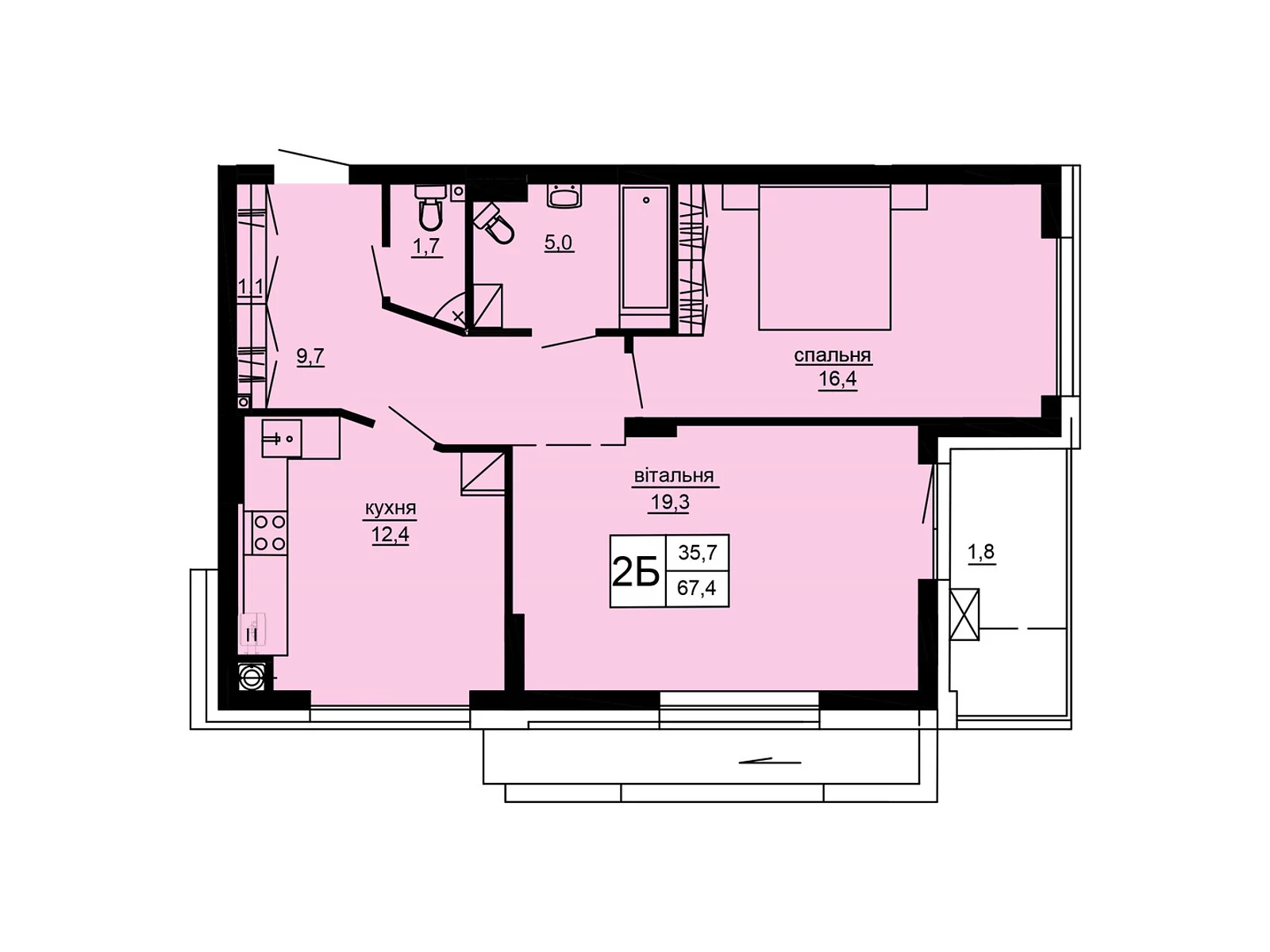 2-кімнатна квартира 67.4 кв. м у Тернополі, цена: 53144 $