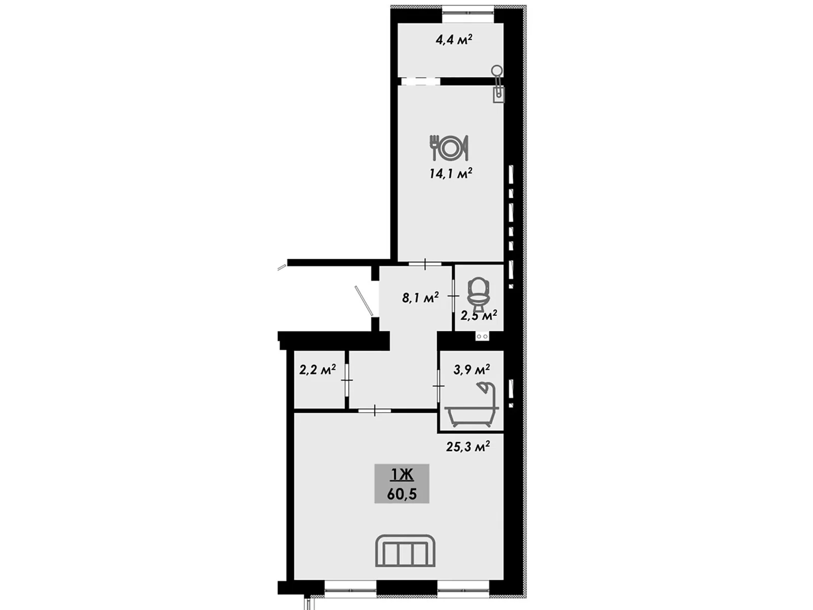 Продается 1-комнатная квартира 60.5 кв. м в Черкассах, цена: 48400 $
