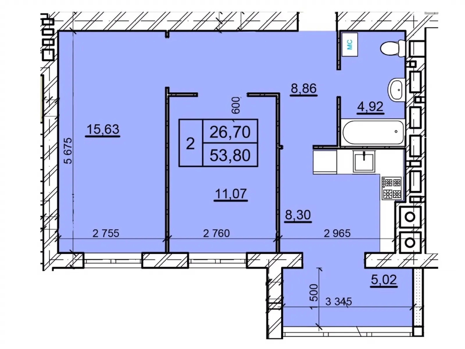 Продается 2-комнатная квартира 53.8 кв. м в Хмельницком, ул. Романа Шухевича(Курчатова), 8/2