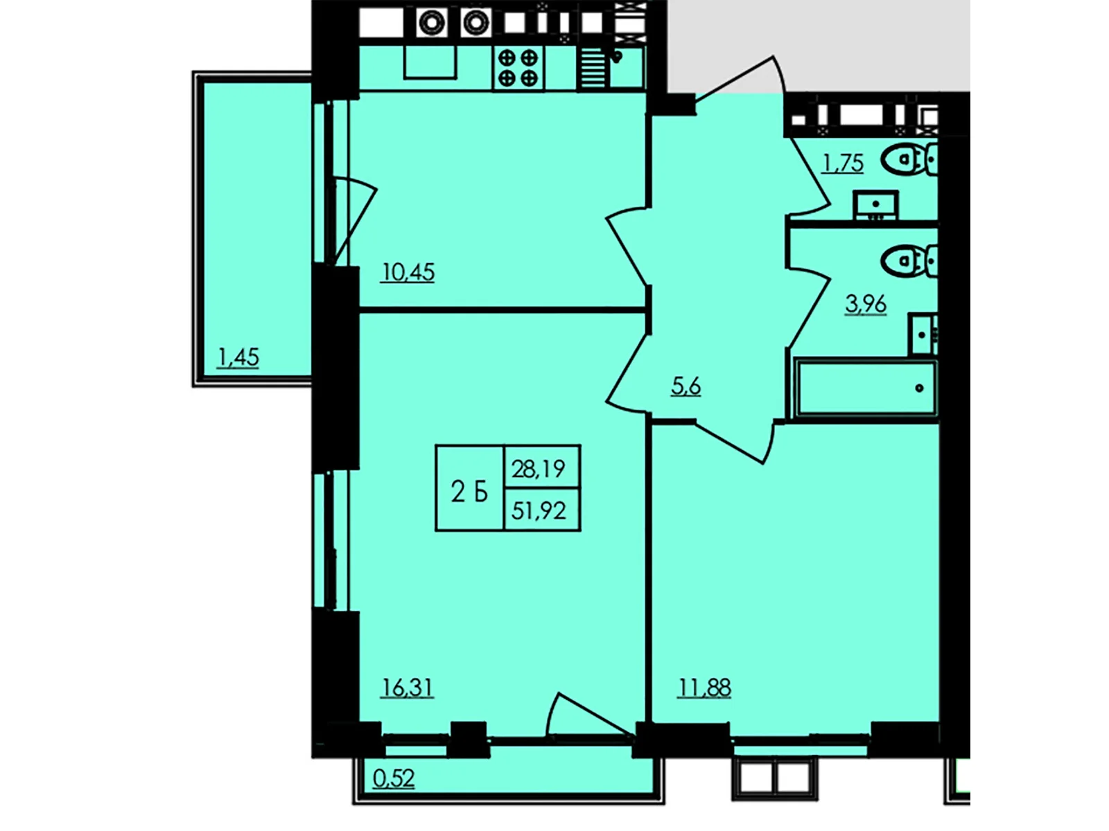 Продается 2-комнатная квартира 51.95 кв. м в Черкассах, ул. Казацкая, 17 - фото 1