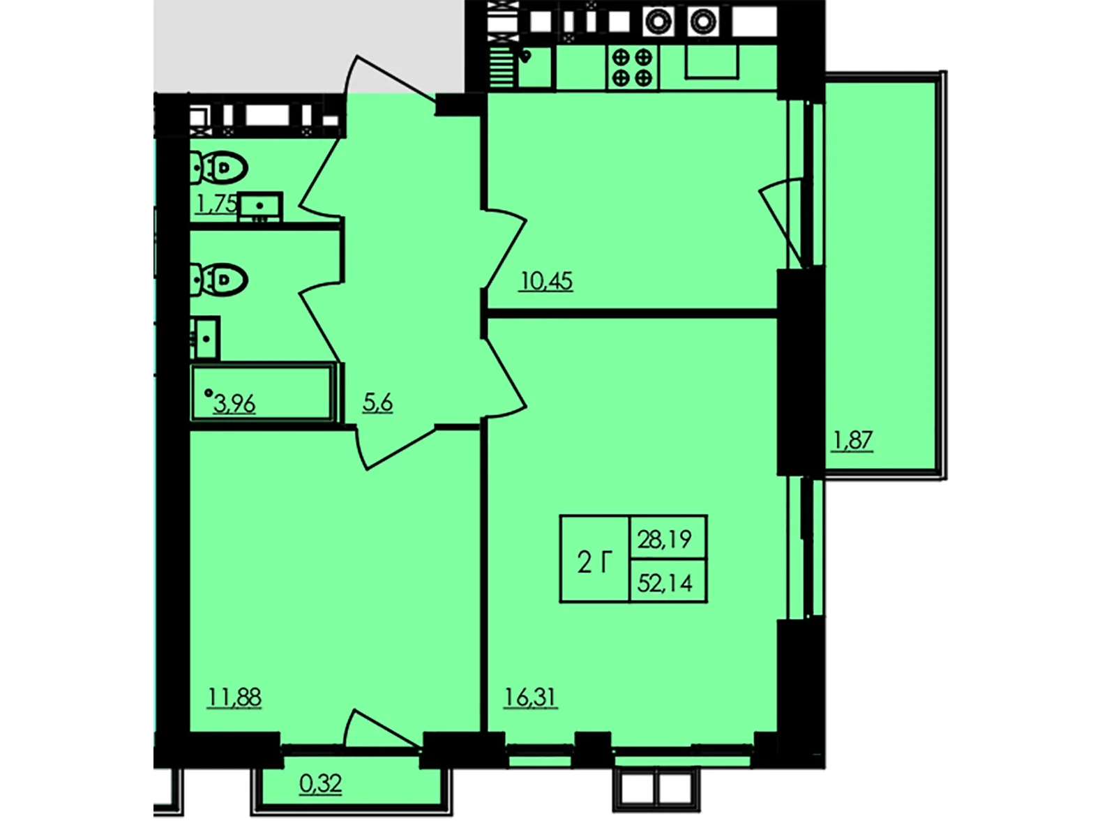 Продається 2-кімнатна квартира 52.2 кв. м у Черкасах, цена: 78300 $