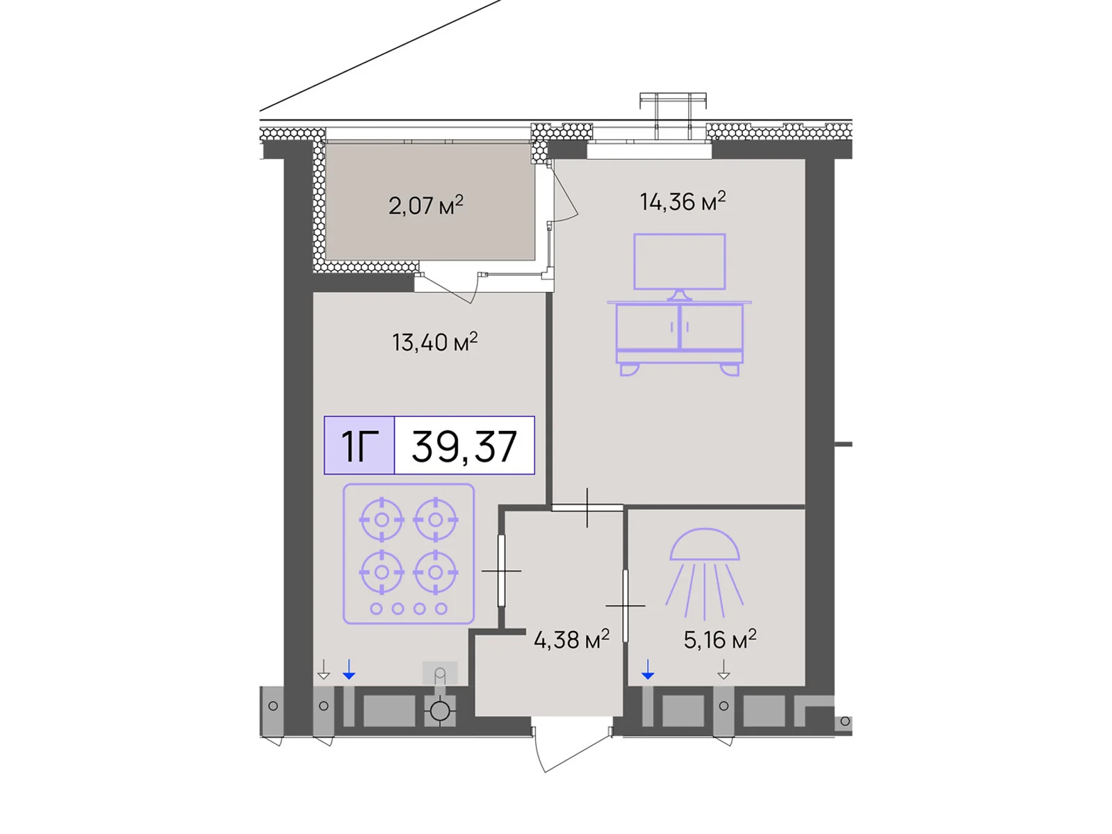 Продается 1-комнатная квартира 39.37 кв. м в Черкассах - фото 1