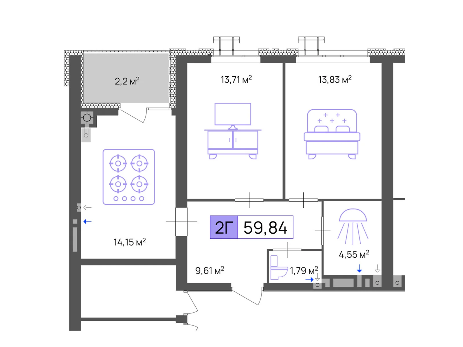 Продается 2-комнатная квартира 59.84 кв. м в Черкассах, цена: 44880 $