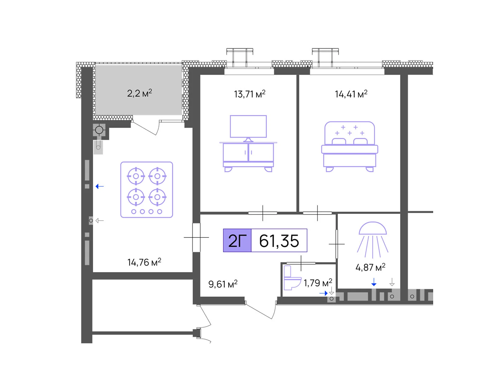 Продается 2-комнатная квартира 61.35 кв. м в Черкассах