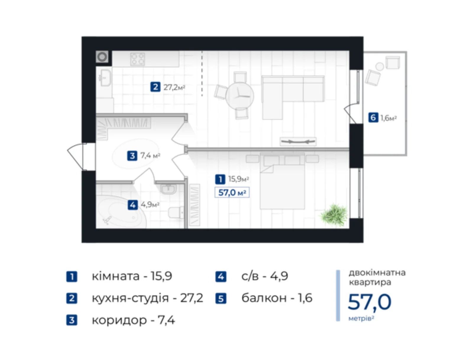 Продається 2-кімнатна квартира 57 кв. м у Івано-Франківську, цена: 48450 $