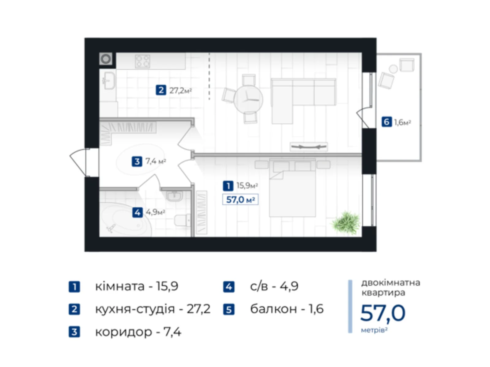 Продається 2-кімнатна квартира 57 кв. м у Івано-Франківську, 