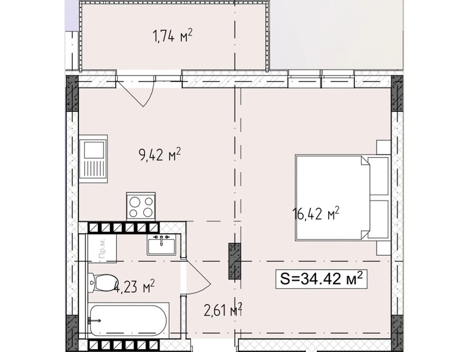 Продается 1-комнатная квартира 34.42 кв. м в Ужгороде, ул. Русская