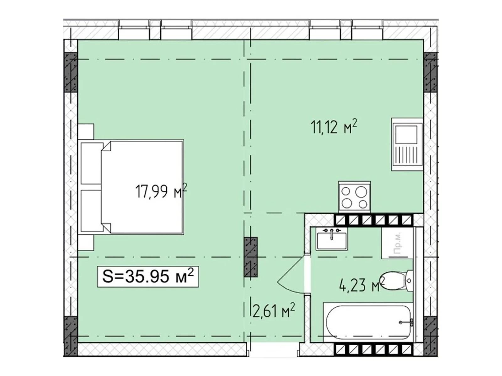 Продается 1-комнатная квартира 35.95 кв. м в Ужгороде - фото 1